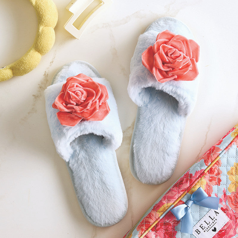 Plush Velvet Rosette Slippers | Blue + Coral Velvet Rosette