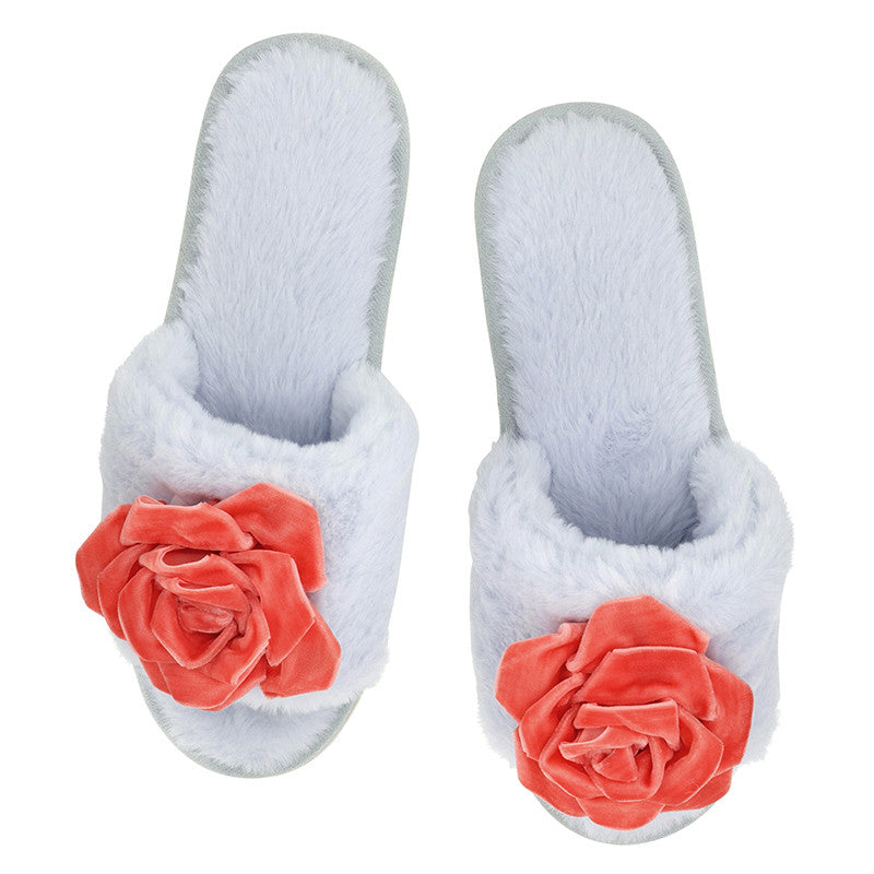 Plush Velvet Rosette Slippers | Blue + Coral Velvet Rosette
