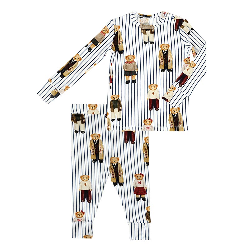 Two-Piece Long Sleeve PJ Set - Bear + Blue Stripes