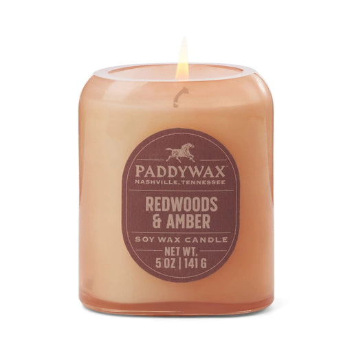 Paddywax Vista 5 oz candle in rusty pink glass, Redwoods and Amber