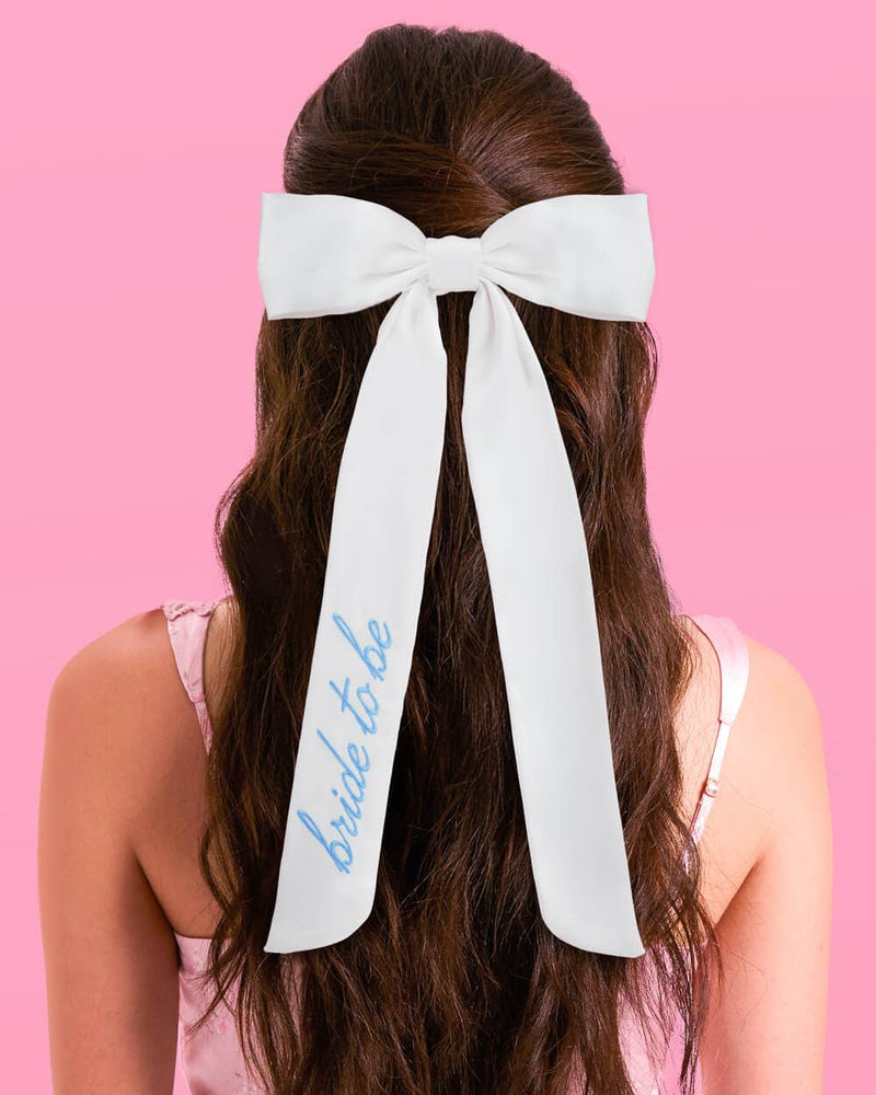 Bride To Be Embroidered Hair Bow | white, blue bridal