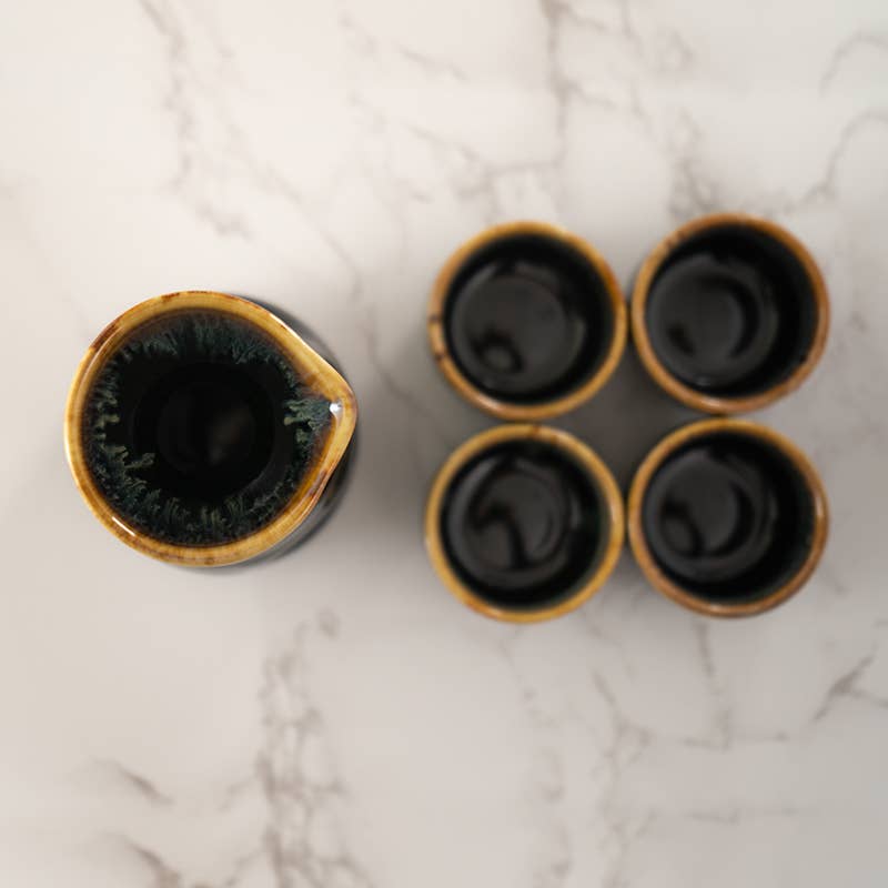 Brown and Black Glazed Sake Bottle & 4 Cups Set