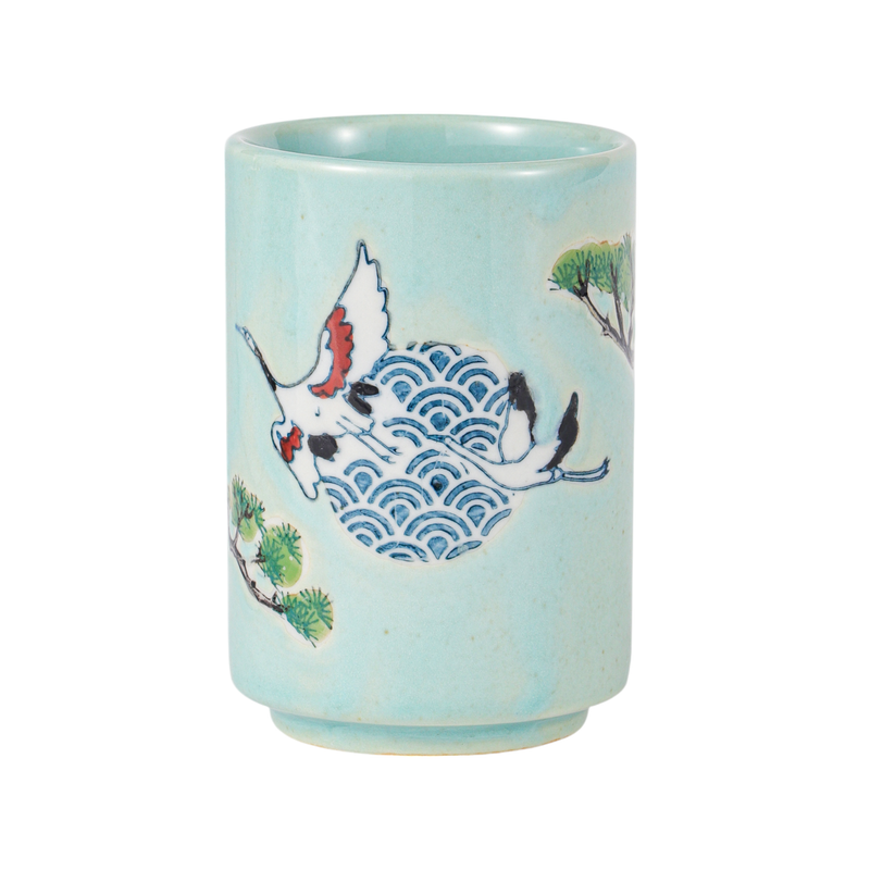 Japanese Crane Yunomi Style Tea Cup Reactive Glaze 10 fl oz