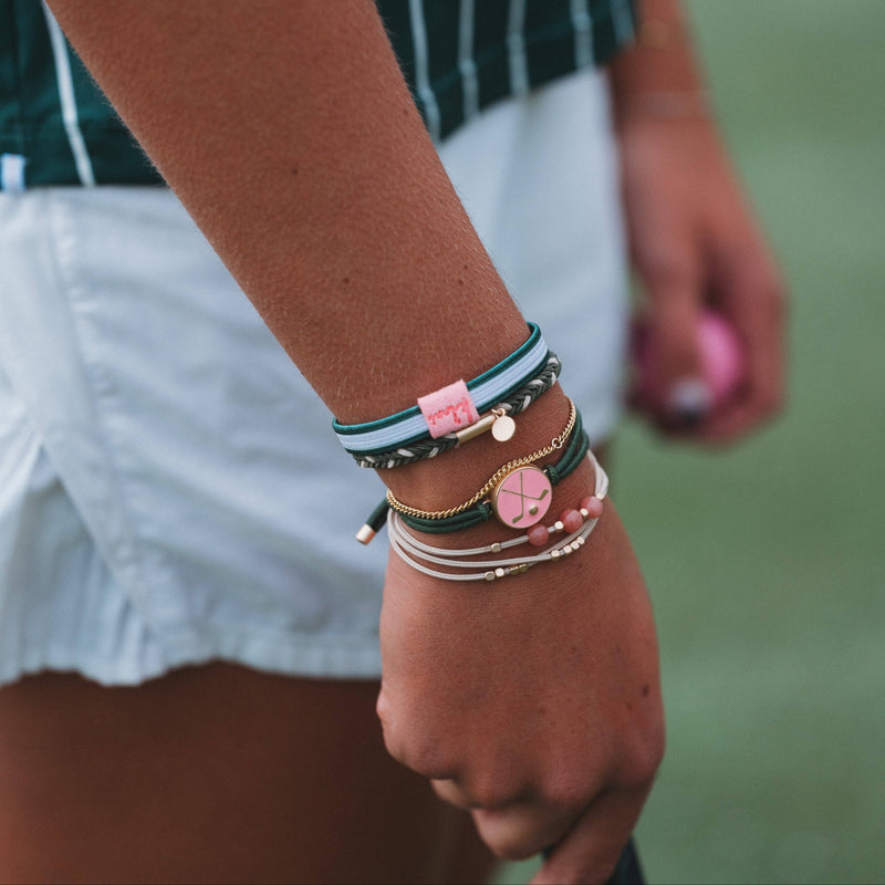 "Tee Time" Green & Pink Hair Tie Bracelets with Removable Ball Marker: Medium