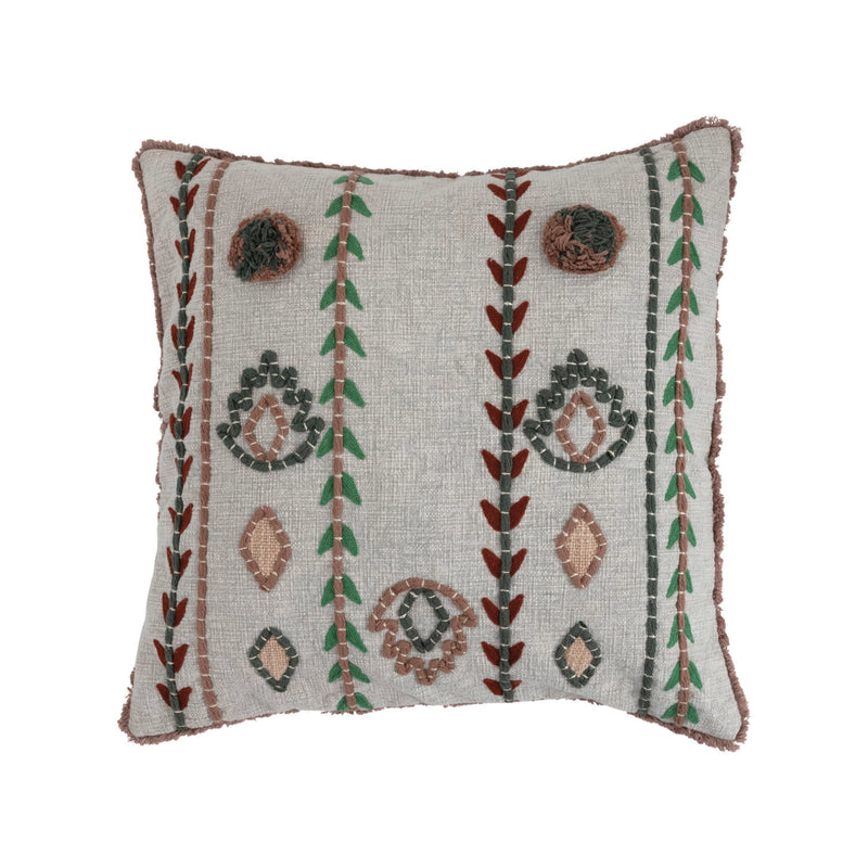Pillow w/ Embroidery Chambray & Fringe
