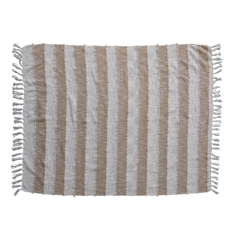 Woven Cotton Throw w/ Stripes & Fringe | Tan Color & Natural