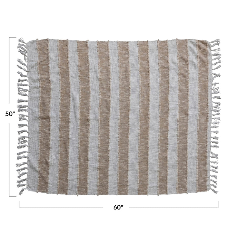 Woven Cotton Throw w/ Stripes & Fringe | Tan Color & Natural