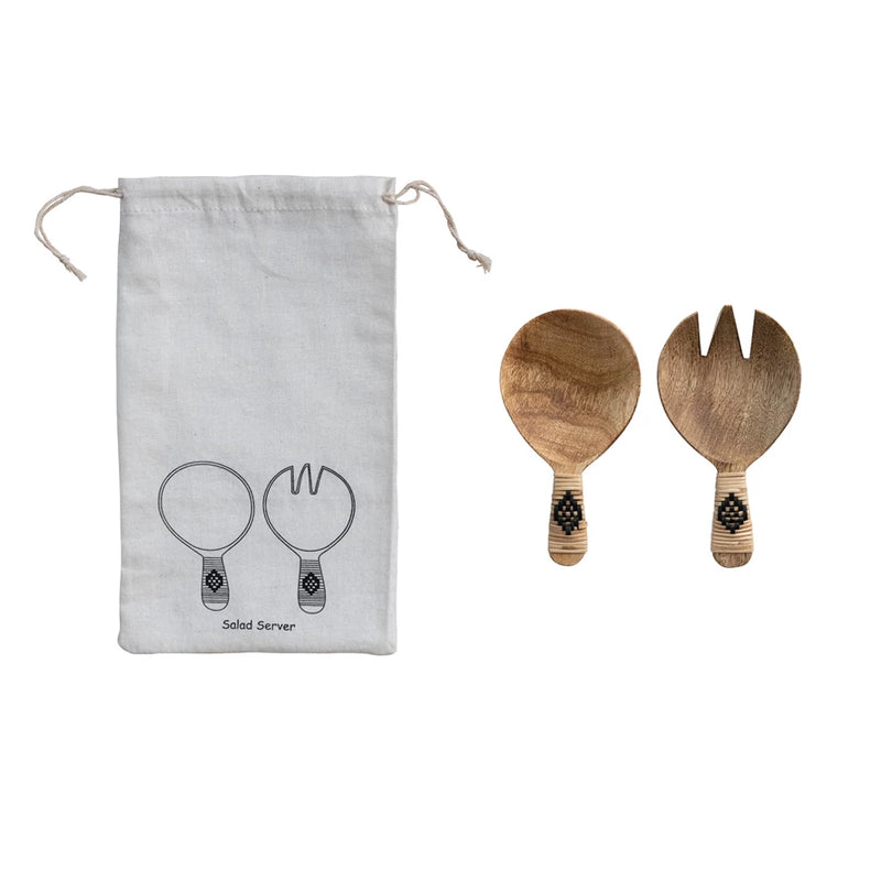 Mango Wood Salad Servers w/ Bamboo Wrapped Handles | Set of 2