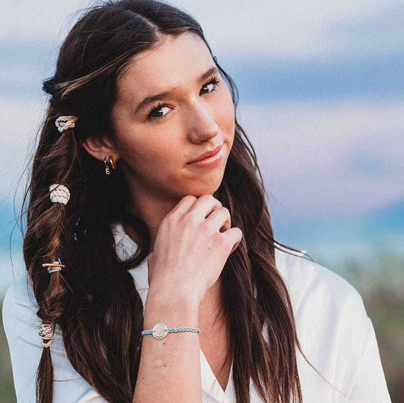 "Wonder" Soft Creams & Blues with Pearls & Gold Hair Tie Bracelets: Medium