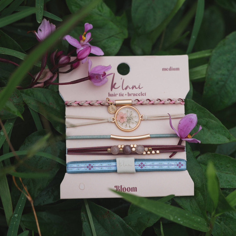 "Bloom" Maroon & Pink with Pressed Flowers Hair Tie Bracelets: Medium