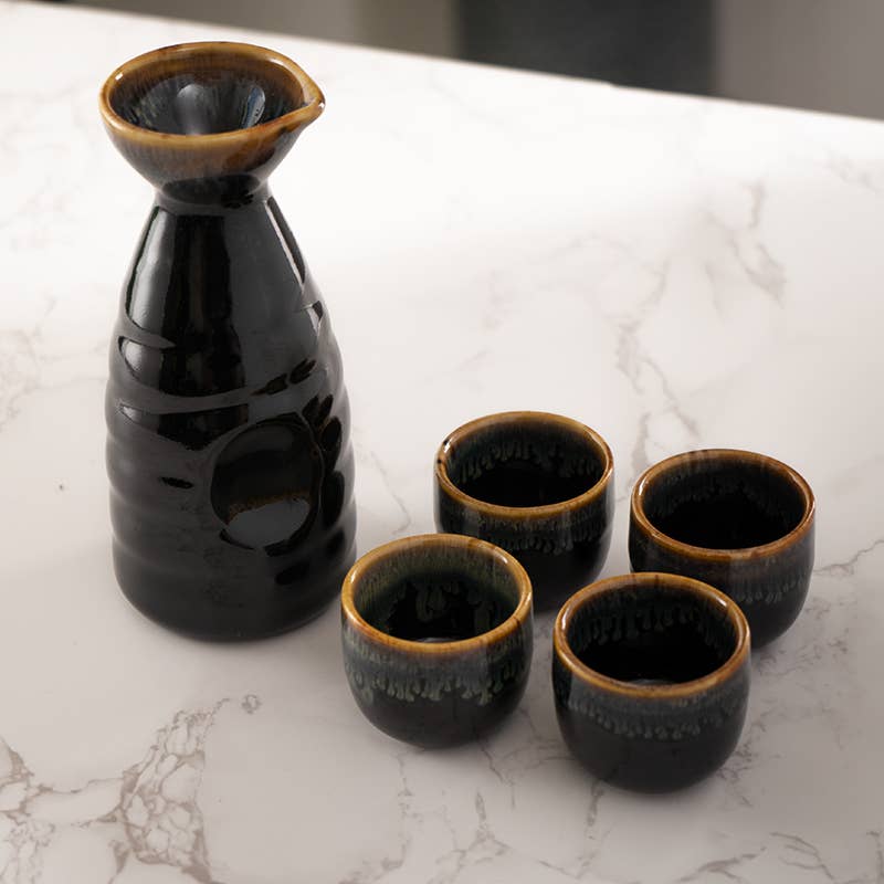 Brown and Black Glazed Sake Bottle & 4 Cups Set