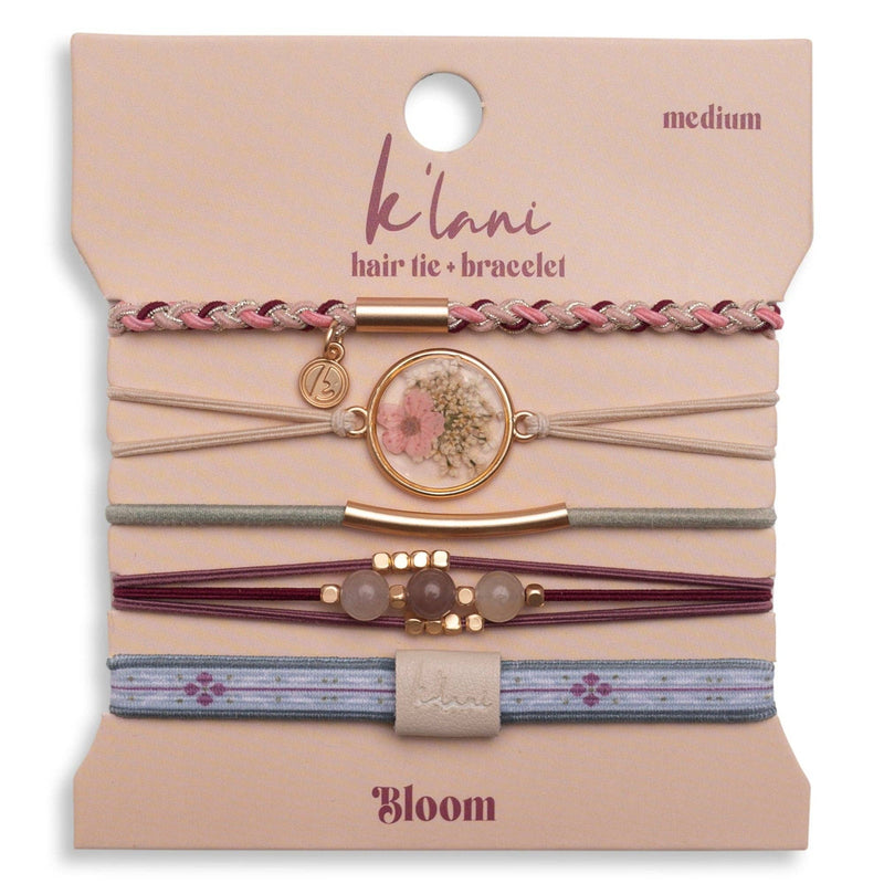 "Bloom" Maroon & Pink with Pressed Flowers Hair Tie Bracelets: Medium
