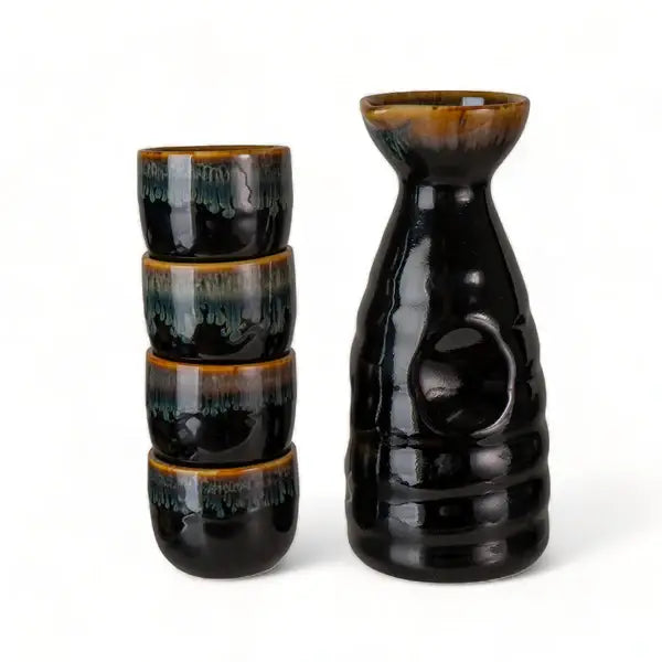 Brown and Black Glazed Sake Bottle & 4 Cups Set