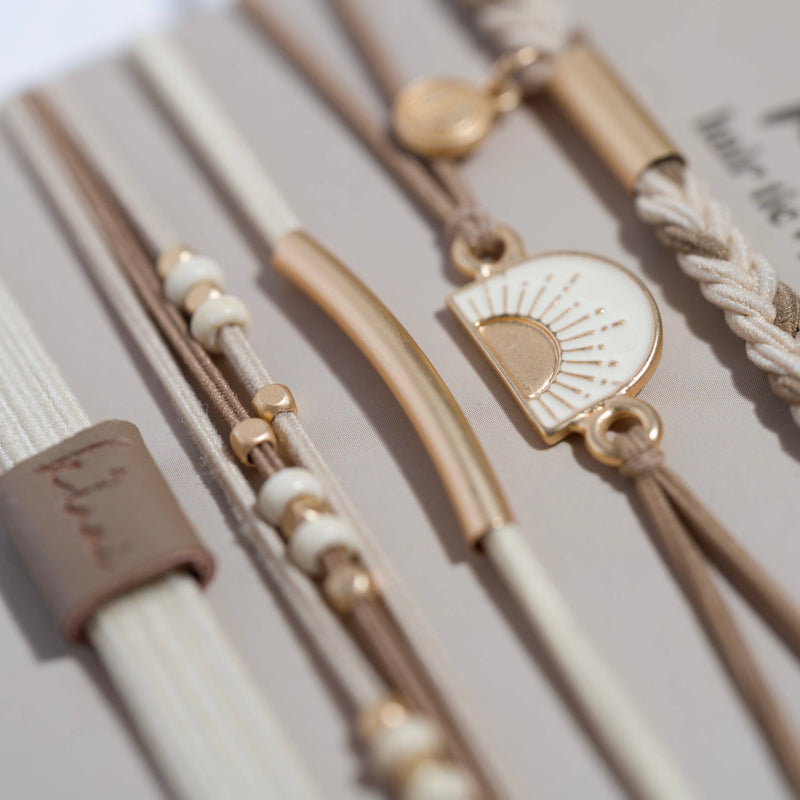 "Rise" Cream and Tan With Gold & Sun Accents Hair Tie Bracelets: Medium