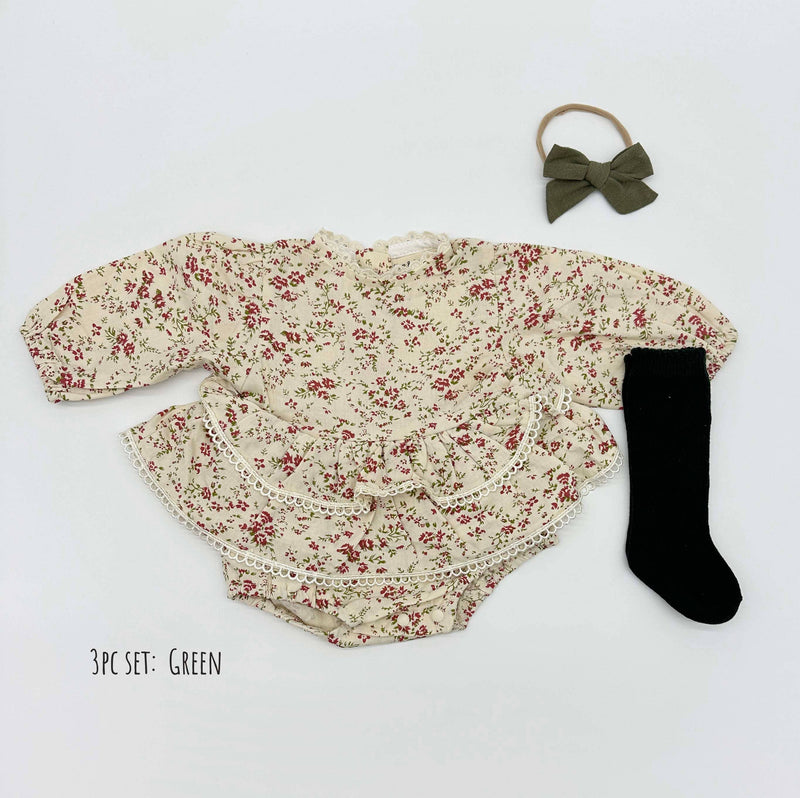 Bella Floral Romper: 2pc set (romper+bow) / 3-6 months