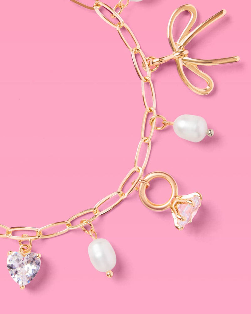 Bride Charm Bracelet - gold, rhinestones + pearls, bachelorette accessory