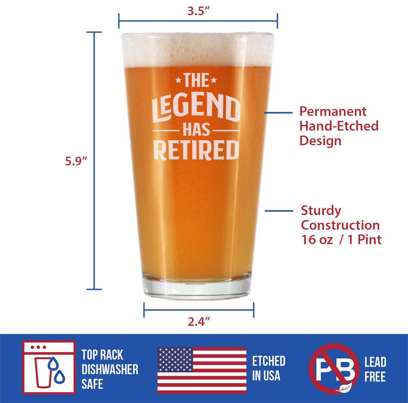 Legend Has Retired Pint Glass for Beer - Retirement Gifts