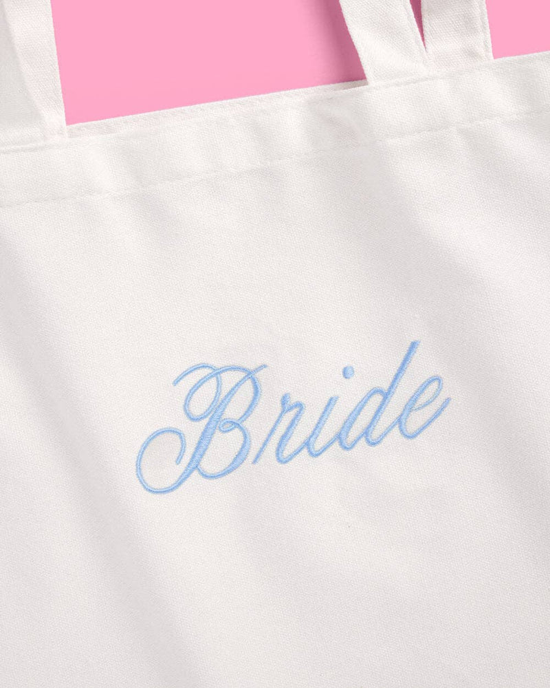 Bride Canvas Tote Bag | White, Blue Bow, Bachelorette, Bride