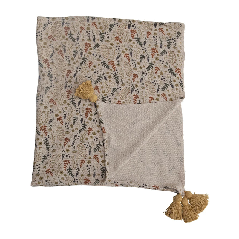 Woven Printed Throw with Tassels | Floral Pattern