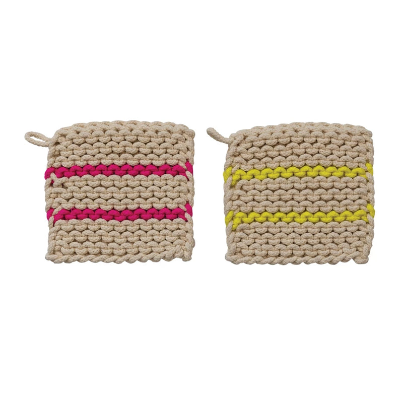 Cotton Crocheted Pot Holder | Neon Stripes