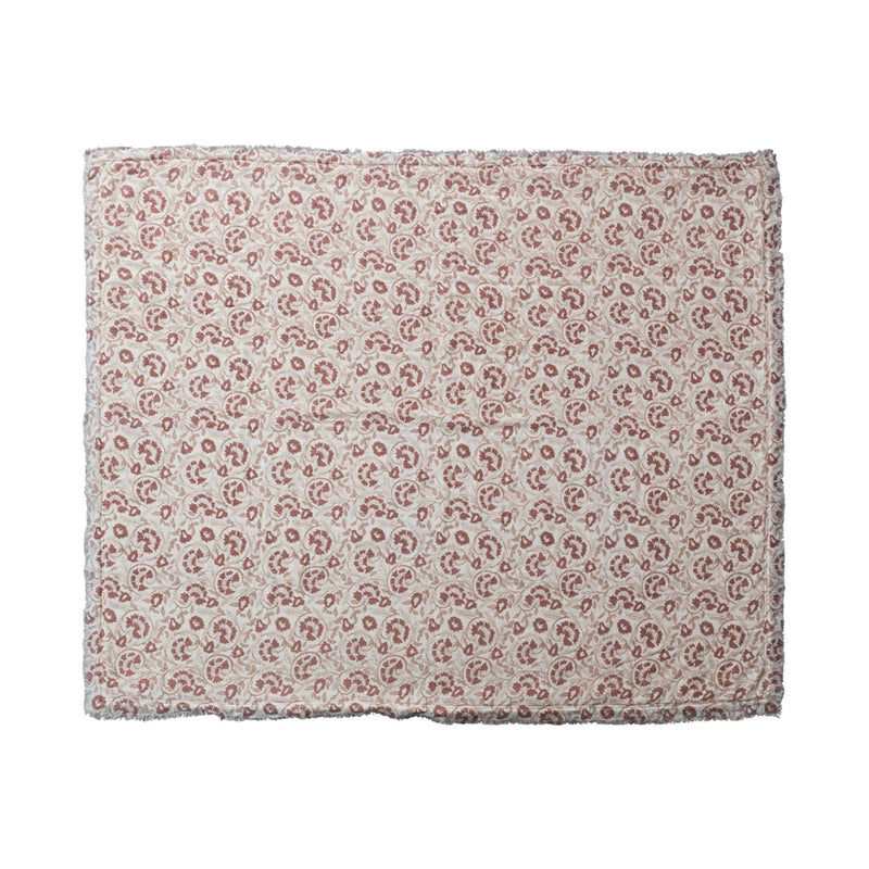 Woven Cotton Printed Throw w/ Sherpa Back | Pattern & Fringe | Burgundy