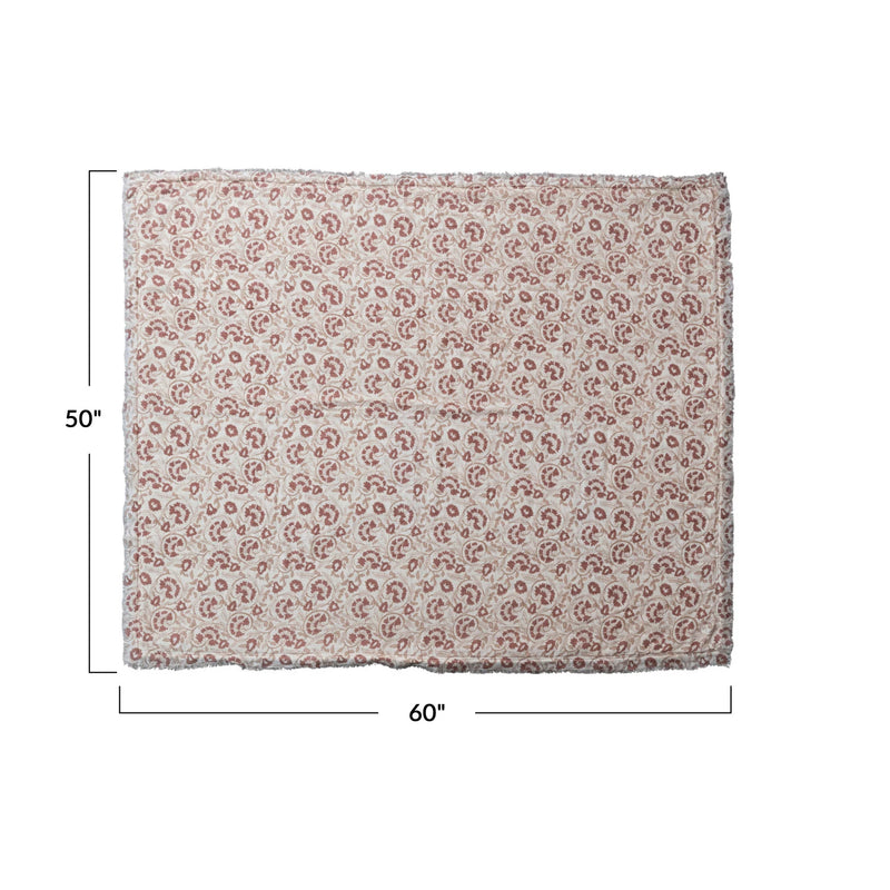 Woven Cotton Printed Throw w/ Sherpa Back | Pattern & Fringe | Burgundy