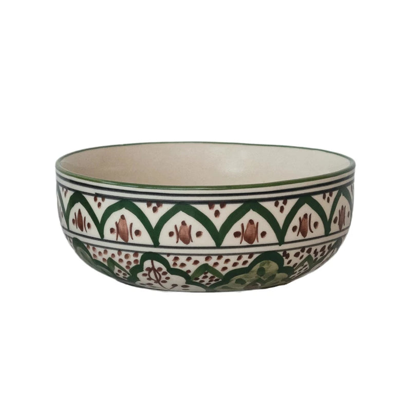 Hand-Painted Stoneware Large Bowl w/ Design | Brown & Green
