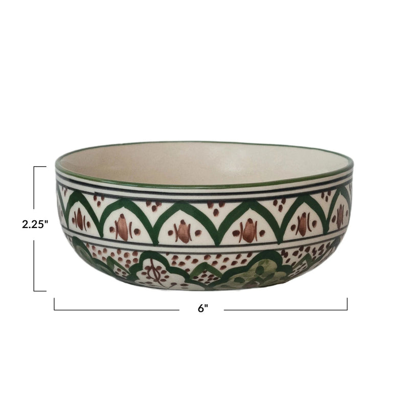 Hand-Painted Stoneware Large Bowl w/ Design | Brown & Green