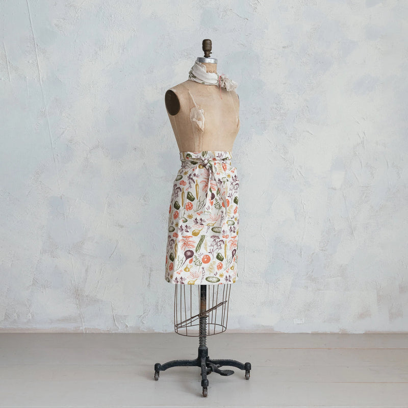 Cotton & Linen Printed Half Apron w/ Vegetable Pattern & Pocket