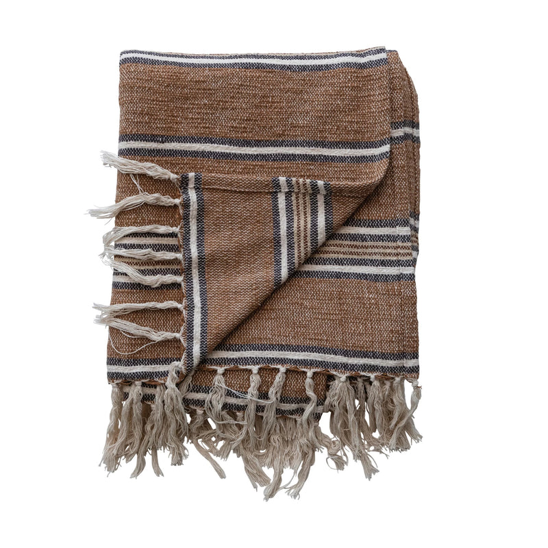 Cotton Blend Throw with Stripes & Fringe | Collected Notions