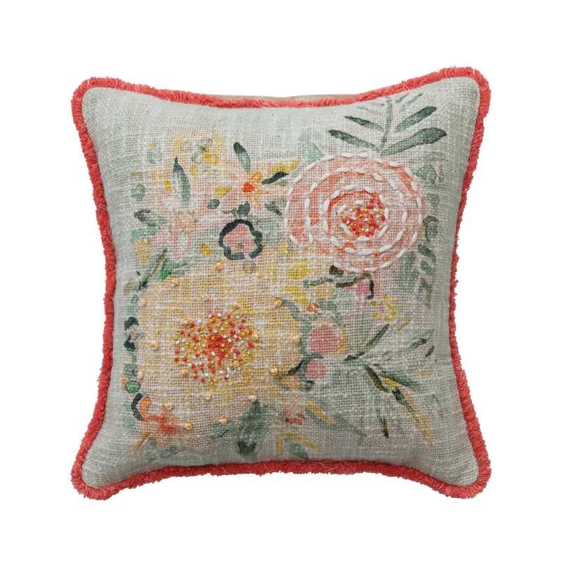 Cotton Slub Pillow with Flowers | Embroidery & Eyelash Fringe