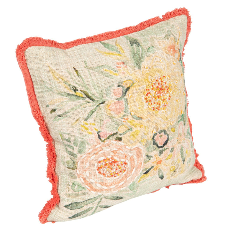 Cotton Slub Pillow with Flowers | Embroidery & Eyelash Fringe