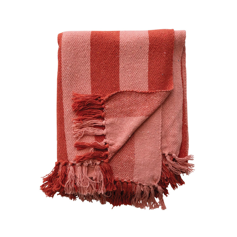 Woven Recycled Cotton Blend Throw | Stripes & Fringes