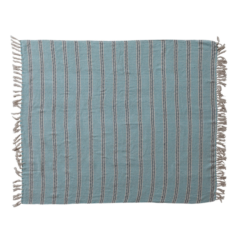 Woven Recycled Cotton Striped Throw with Fringe | Shoreline