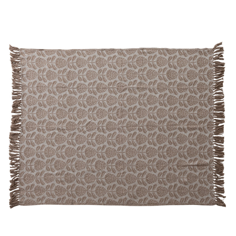 60"L x 50"W Woven Recycled Cotton Blend Jacquard Throw with Floral Pattern & Fringe