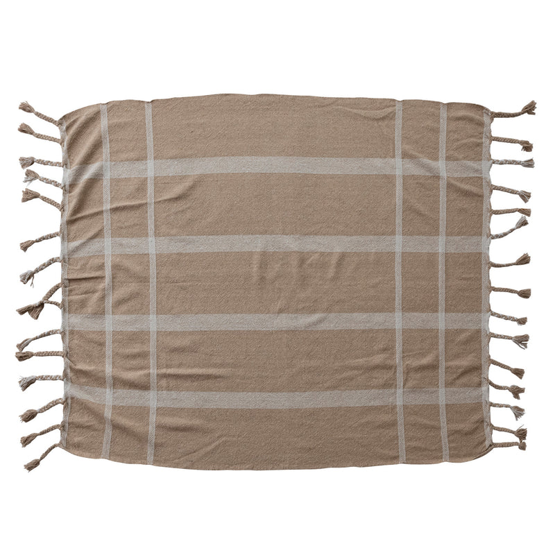 Woven Recycled Cotton Blend Striped Throw with Braided Fringe | Beige & Natural