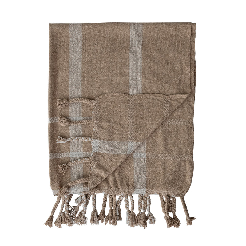 Woven Recycled Cotton Blend Striped Throw with Braided Fringe | Beige & Natural