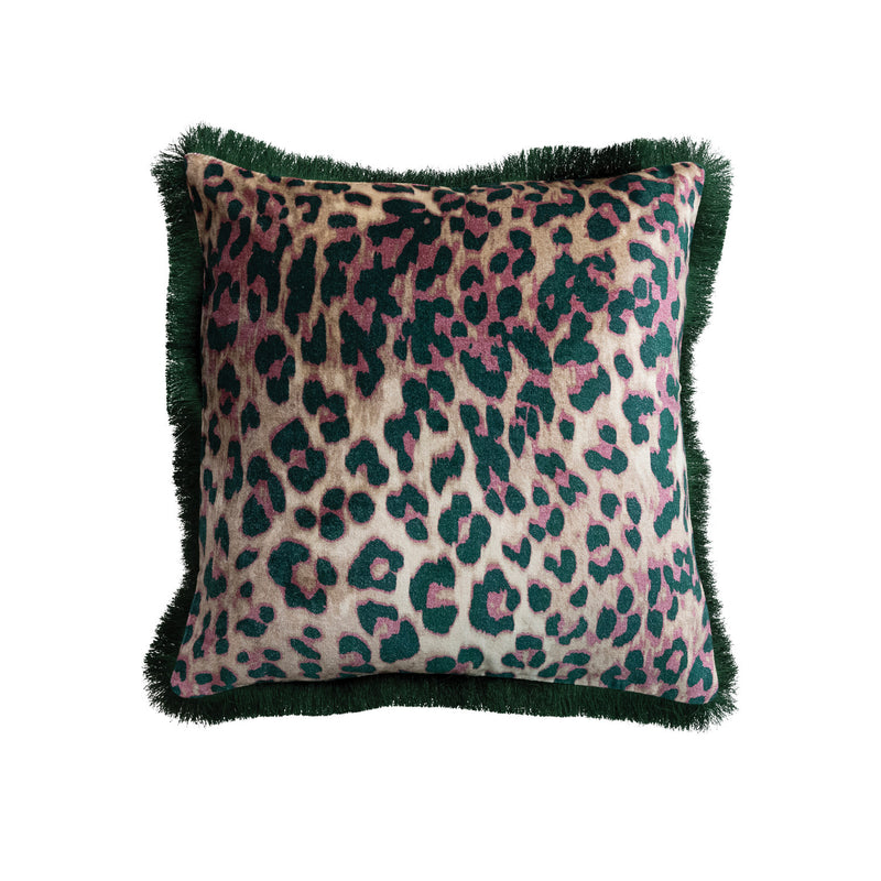 Velvet Pillow with Leopard & Fringe