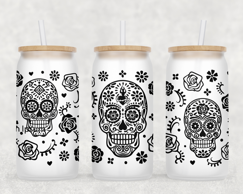 Dia De Los Muertos Frosted Can Glass with Lid + Straw