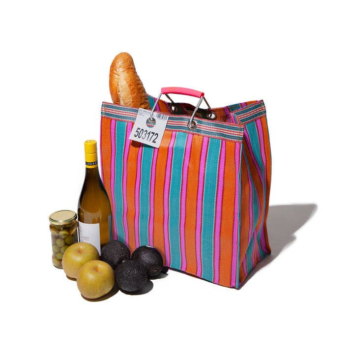 Recycled Plastic Stripe Bag - Square: Green x Red