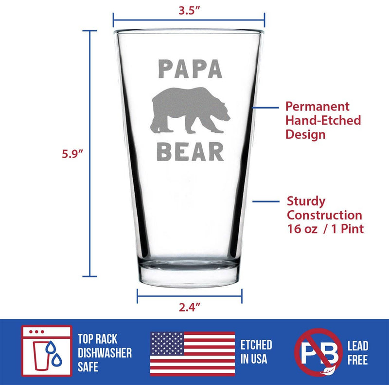 Papa Bear Pint Glass for Beer - Dad and Grandpa Gifts