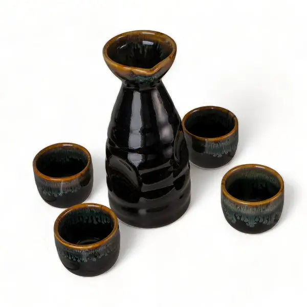 Brown and Black Glazed Sake Bottle & 4 Cups Set