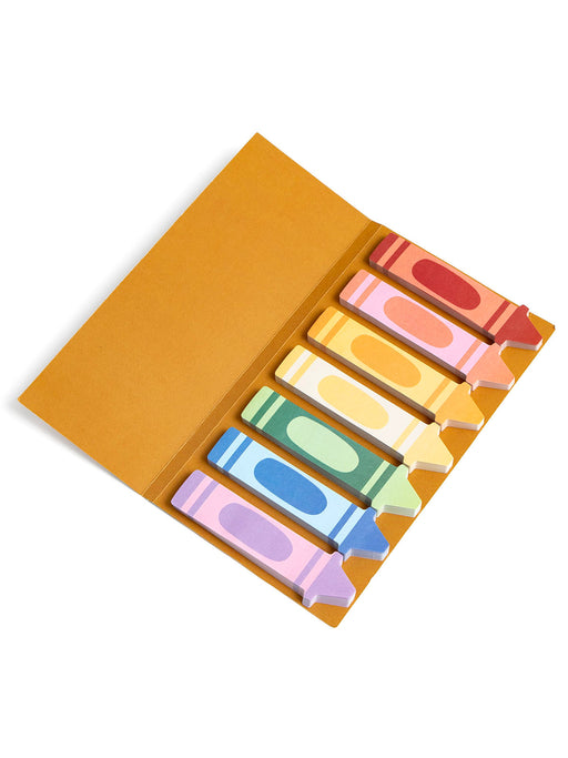 Crayon sticky note tabs fanned out in eight colors
