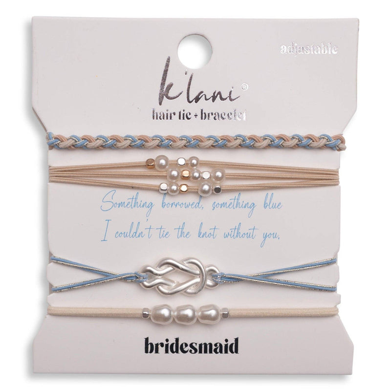 "Bridesmaid" Cream & Blue with Pearl Accent Adjustable Hair Tie Bracelets