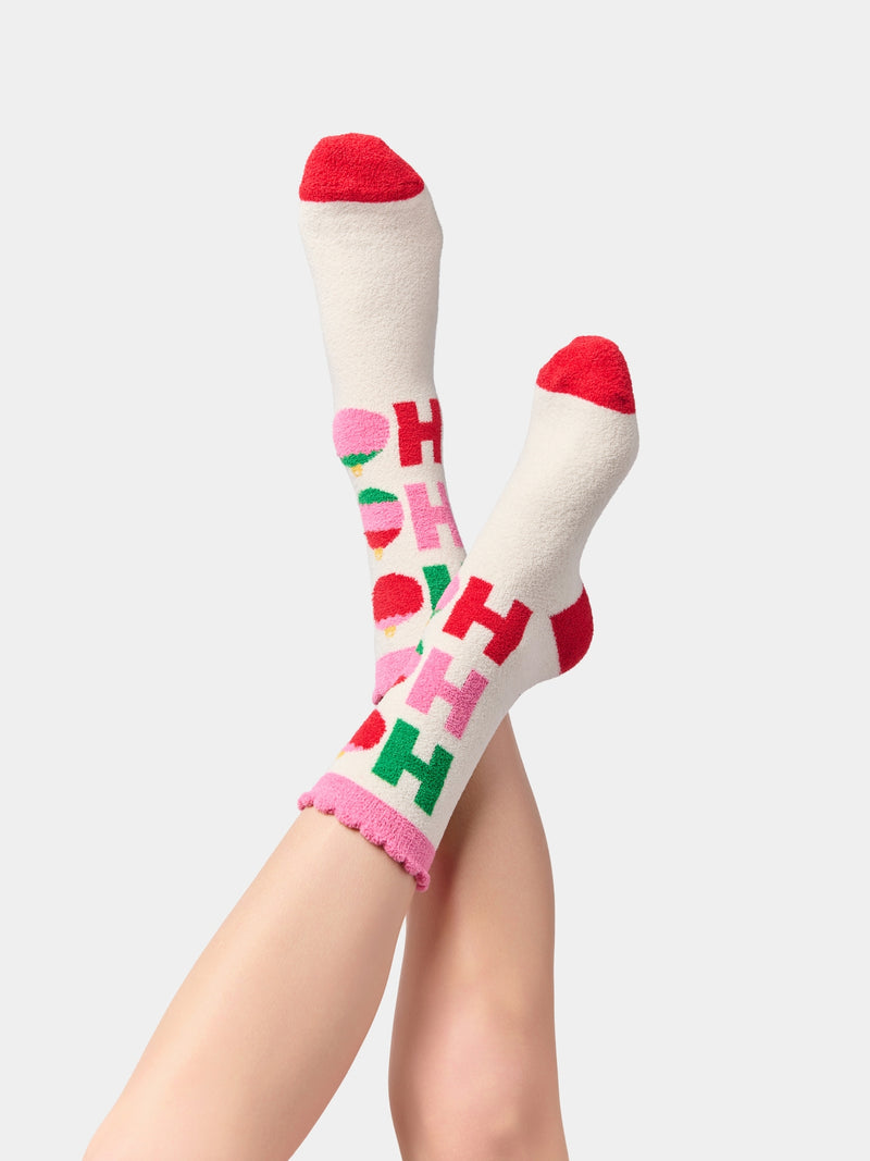 "Ho Ho Ho" Ornaments Socks | Ivory