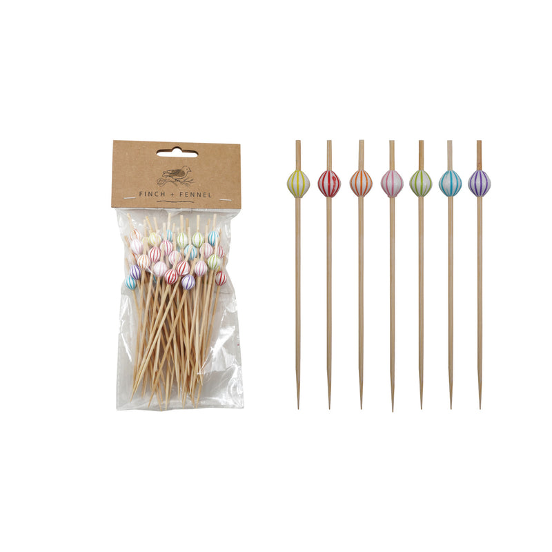 Bamboo Single Use Picks w/ Striped Ball Handles