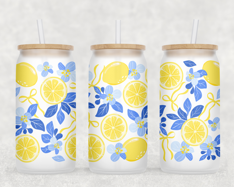 Floral Lemons Can Glass With Lid + Straw