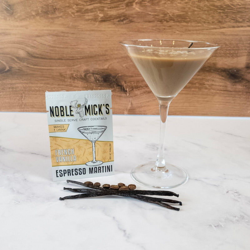 Noble Mick's French Vanilla Espresso Martini single serve packet with prepared cocktail