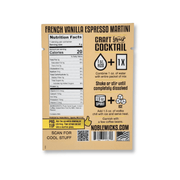 French Vanilla Espresso Martini packet back label with nutrition facts and directions