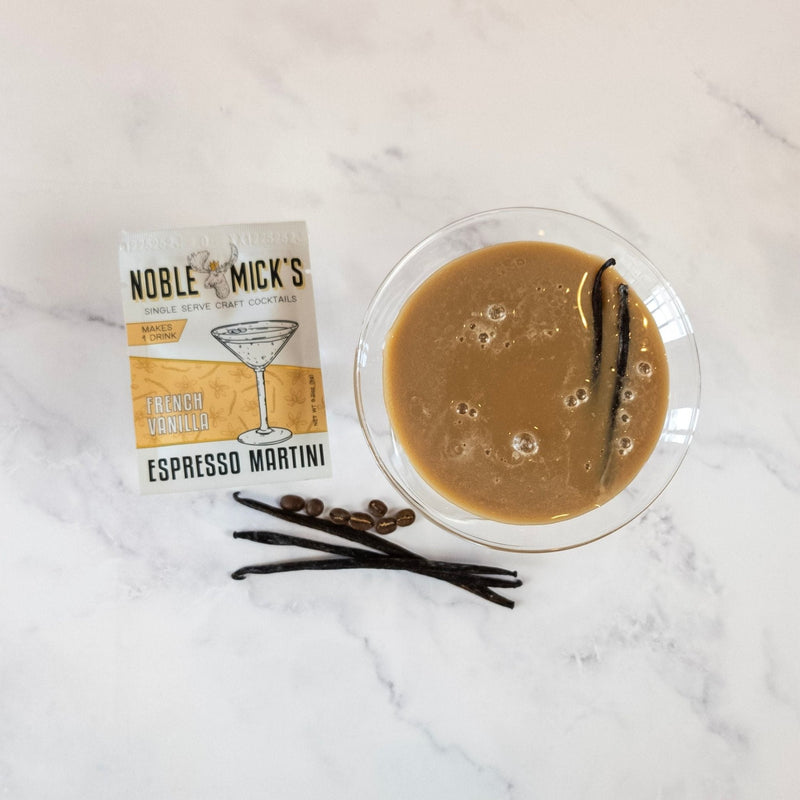 Noble Mick's French Vanilla Espresso Martini packet with vanilla beans and coffee beans